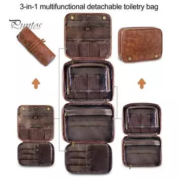 Косметичка с переносной ручкой и крючком, много отделений, большая вместимость, водонепроницаемый винтажный органайзер для туалетных принадлежностей из искусственной кожи 3 в 1 чёрный