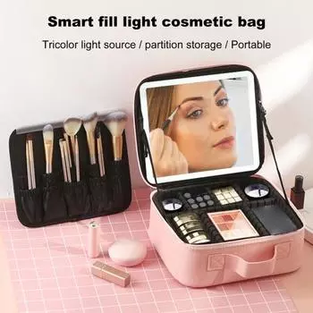 Косметичка с регулируемым 3-цветным светодиодным зеркалом, несколькими отделениями и карманами для косметики чёрный