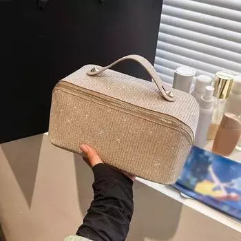 Косметичка с ручкой, блестящая поверхность, съемный дизайн, застежка-молния, большая вместимость, водонепроницаемые дорожные туалетные принадлежности чёрный