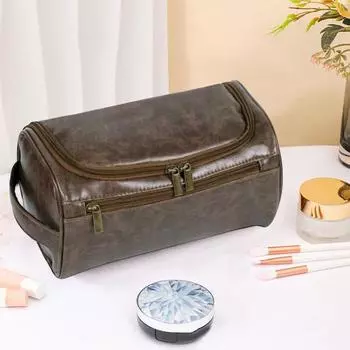 Косметичка с ручкой, водонепроницаемая искусственная кожа, застежка-молния, портативная, вместительная, многофункциональная косметичка с поворотным крючком для удобного подвешивания коричневый