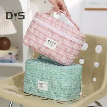 Косметичка с сетчатым карманом для хранения кистей для макияжа, вместительная застежка-молния, органайзер для туалетных принадлежностей с ручкой для путешествий, домашнего офиса розовый