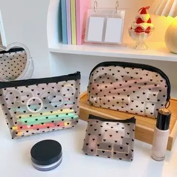 Косметичка с узором в виде сердца, прозрачная геометрическая форма, портативная гладкая сетчатая сумка на молнии на молнии, сумка для туалетных принадлежностей, пенал для улицы B