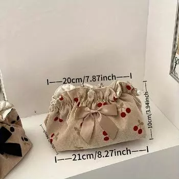 [Косметичка с вишневым принтом] Косметичка из вельвета с вишневым узором большой вместимости 1 шт. для женщин | Дорожная косметичка из полиэстера с деталью в виде банта красный