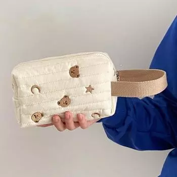 Косметичка с вышивкой медведя, хлопковая парусиновая женская косметичка на молнии, милый органайзер на запястье, портативный чехол для туалетных принадлежностей белый