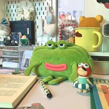 Косметичка в форме мультяшной лягушки Мягкая толстая плюшевая застежка-молния Большой емкости Портативная сумка-карандаш Косметичка для телефона Сумка для хранения ноутбука Сумка зелёный