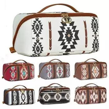 Косметичка в стиле бохо для женщин из искусственной кожи, повседневная косметичка-органайзер в цветных блоках света кофе