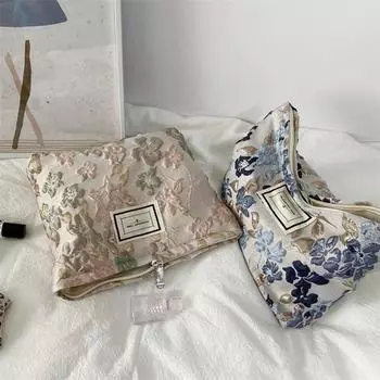 Косметичка во французском стиле, компактная, холщовая, женская, портативная, с вышивкой, органайзер для косметики, принадлежности для общежития синий