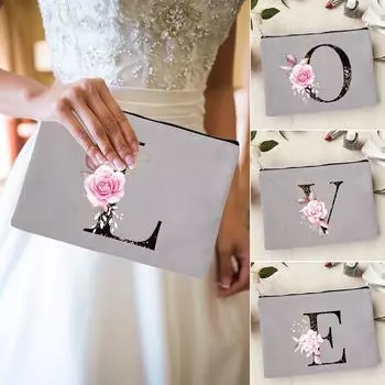 Косметички для хранения из холста с розовыми цветами и алфавитом, органайзер для туалетных принадлежностей для молодоженов, косметичка для женщин, повседневная косметичка