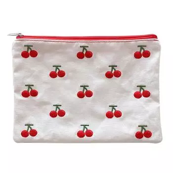 Косметички с вышивкой вишни, сумка для помады на молнии, кавайная сумка для девочек в стиле ретро, холщовая сумка для косметики, сумка для хранения