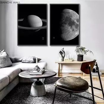 Космическая Планета Луна Астронавт Холст Искусство Черный Белый Плакат Декоративный Принт Настенная Живопись Украшение Картина Скандинавское Украшение 21*30cm