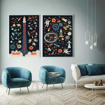 Космический алфавит, плакат с буквами алфавита, обратный отсчет, астронавт, художественная печать, детская образовательная картина на холсте, настенная картина, декор детской комнаты 21x30cm No Framed