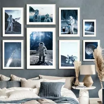 Космический астронавт, планета, ракета, Земля, Луна, баннер, настенная художественная печать, холст, картина, плакат на скандинавскую тему, домашний декор, фотографии для гостиной A4 21X30cm No Framed