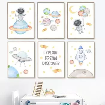 Космический астронавт, ракета, планета, солнечная система, космический корабль, детская настенная живопись, холст, картина, плакат, настенные панно, декор для детской комнаты A4 21X30cm No Framed