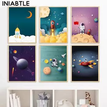 Космическое звездное небо, планета, астронавт, холст, постеры, принты, настенная живопись для детской комнаты, картины с героями мультфильмов, декор для детской комнаты 21cm30cm NoFrame