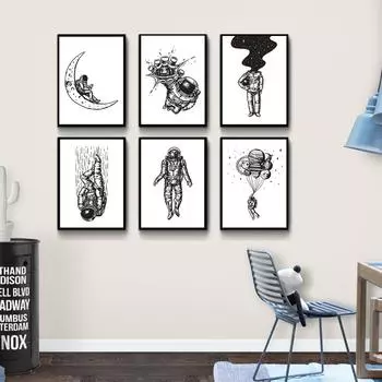 Космонавт Планета Холст Картина Детская Скандинавское Искусство Черно-Белые Космические Плакаты Настенные Печати Картины для Детей Мальчиков Декор Спальни 21cm30cm NoFrame