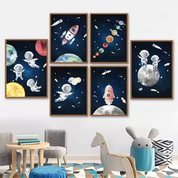 Космос Астронавт Планета Ракета Луна Детская Настенная Живопись Холст Плакаты на скандинавскую тему и принт настенные панно Декор для детской комнаты A4 21X30cm No Framed