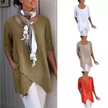 Косой карман с неравномерным краем, круглым вырезом, льняная женская рубашка со средним рукавом, повседневная модная футболка большого размера XXXXXL белый