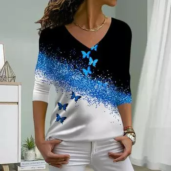 Косой принт бабочки женские футболки женские топы с длинным рукавом V-образный вырез пуловер женские футболки футболка для женщин XS красный
