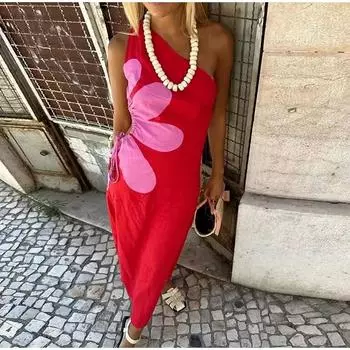 Косой воротник принтованное платье женское без рукавов завязка ажурное с высокой талией спинки платья женские А-силуэта модный тонкий халат XS красный