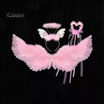 Косплей ангельские крылья для детей, набор крыльев ангела с повязкой на голову и волшебной палочкой, искусственные перья, ангельские крылья для косплея на Хэллоуин A