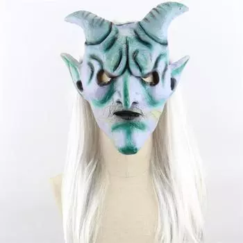 Косплей Хэллоуин Костюм Партии Маски Страшные Забавные Серебряные Рога Король Призрачная Маска с Длинным Париком Дом с Привидениями для Хэллоуина небесно-голубой