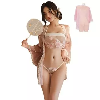Косплей Костюм Тюль Традиционная Сакура Сексуальное Тюлевое Белье Взрослый Блузка Слюнявчик [Oceanmarina] Набор из 3 предметов, Домашняя одежда, Ханфу-8593, Розовый, Костюм,