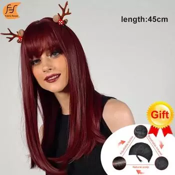 Косплей Красный Рождественский парик с воздушной челкой до плеч, прямые волосы, матовый высокотемпературный шелковый парик из химического волокна