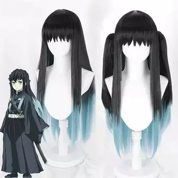 Косплей молодежный двойной хвост с градиентом, синяя повязка на голову, модные и модные длинные прямые волосы