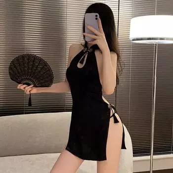 Косплей Нижнее белье в китайском стиле, однотонное черное платье-чеонгсам с открытой спиной и разрезом, сексуальный экзотический костюм One Size