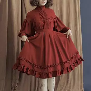 Косплей одежда длинный рукав свободный пуговицы лацкан кружева фонарь рукав украшенный однотонные платья 2XL бежевый