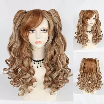 Косплей парик с хвостиком Синтетический длинный цветной вьющийся парик для косплея Лолиты для девочек с двойными хвостиками и 1 шт. Кепка для парика 24inches