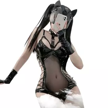 Косплей Сексуальное Эротическое Экстремальное Нижнее Белье Школьный Купальник Маленькая Грудь Эротическое Трико Высокие Ноги SM PU Кожа Сдержанность Бондаж Moe Devil Temptation
