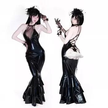 Косплей Сексуальное китайское платье-чонсам Китайская одежда Готическая Лолита Цельный готический панк Лолита Готический стиль Темный бондаж Облегающий эмаль ПВХ Королева чёрный