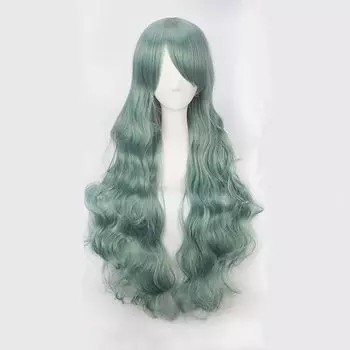 Косплей светло-зеленый длинный волнистый термостойкий диагональный парик для мероприятий с сеткой, вьющиеся, волосы, парик, универсальный, челка, пушистый, костюм, светло-зеленый