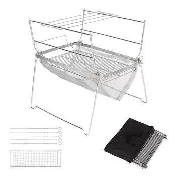 Костер Todeco Bonfire легкий, складной, с 3 уровнями регулировки мощности огня, в комплект входит набор для гриля, компактное хранение для приготовления пищи в походе, подходит для 2–4 человек. серебряный