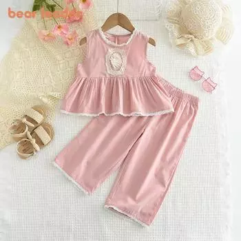 Костюм без рукавов для девочек Bear Leader розовый 3-7 лет хлопковый кружевной топ + штаны комплект из двух предметов AZ5028 3T