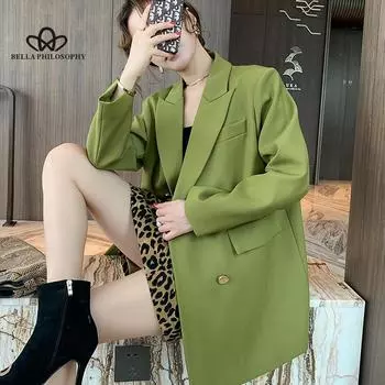 Костюм больших размеров с длинными рукавами, топы, весна 2021, женский повседневный зеленый пиджак, двубортный новый женский пиджак, куртка оверсайз S зелёный