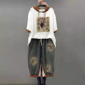 Костюм большого размера, повседневный, индивидуальный, модный, с капюшоном, свободный, с принтом, с короткими рукавами, с девятью точками, из двух частей XXXL белый