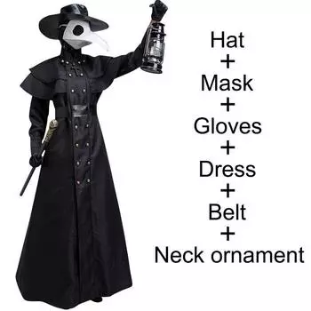 Костюм чумного доктора Хэллоуин Средневековая мантия с капюшоном Маска Шляпа Для монаха Косплей 3XL чёрный