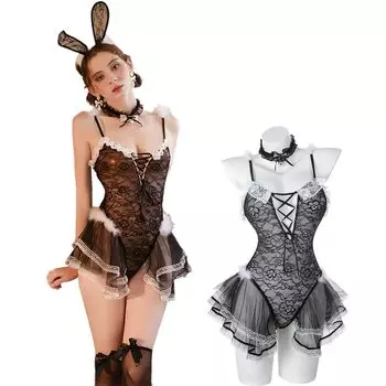 Костюм девушки-кролика для косплея с чулками и кружевами, сексуальный, милый, смелый, костюм для косплея на Хэллоуин, рождественский костюм, комплект из 4 предметов, костюм девушки-кролика для косплея, один