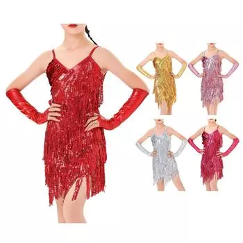 Костюм для бальных танцев сальса для латиноамериканских танцев с кисточками и бахромой для девочек, платье 1920-х годов, танцевальная одежда для выступлений с 1 парой перчаток 3-6 Years золотой
