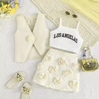 Костюм для девочек 2-8 лет, модный топ для девочек + жилет + юбка-карандаш из 3 предметов 4Y бежевый