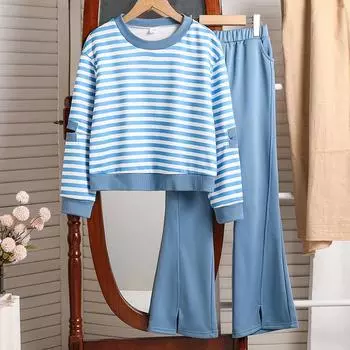 Костюм для девочек 6-12 лет, детский осенне-зимний модный полосатый свитер с подкладкой + брюки, комплект из двух предметов 130cm/8Y синий