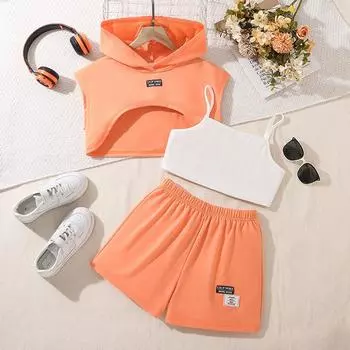 Костюм для девочек 7-12 лет, детская летняя одежда, новый топ без рукавов + жилет + шорты, спортивный повседневный комплект из 3 предметов 130cm/8Y