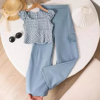 Костюм для девочек 7-12 лет, детская одежда, летний новый брючный костюм, милый костюм в клетку с короткими рукавами и широкими брюками, комплект из 2 предметов 130cm/8Y синий