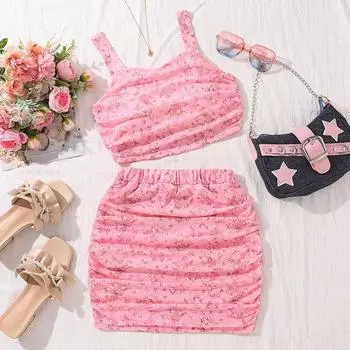 Костюм для девочек 7-12 лет, детский летний топ + юбка, новый сладкий цветочный халтер, тонкий комплект, юбка на бедрах, 2 шт. 130cm/8Y розовый