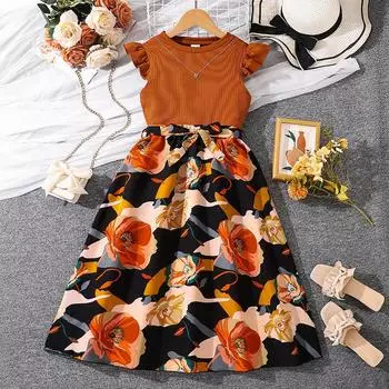 Костюм для девочек 7-14 лет, детская летняя новая модная юбка с принтом + топ с короткими рукавами Temperament, 2 шт. 130cm/8Y коричневый