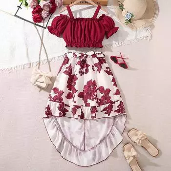 Костюм для девочек 7-14 лет, горячая распродажа, детские летние платья, новая ретро-юбка с принтом + топ с короткими рукавами, 2 шт. 130cm/8Y красный