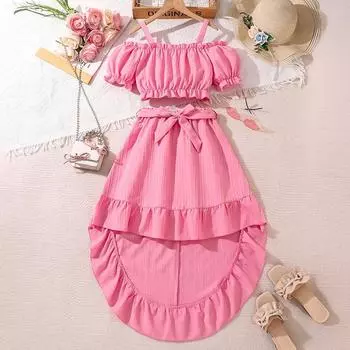 Костюм для девочек 7-14 лет, горячая распродажа, детские летние платья, новая ретро-юбка с принтом + топ с короткими рукавами, 2 шт. 130cm/8Y красный