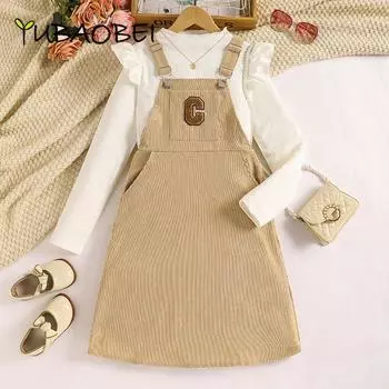 Костюм для девочек, детская одежда, осенняя мода, повседневная юбка на подтяжках + кружевной свитер с длинным рукавом, комплект из 2 предметов для девочки 8Y светло-коричневого